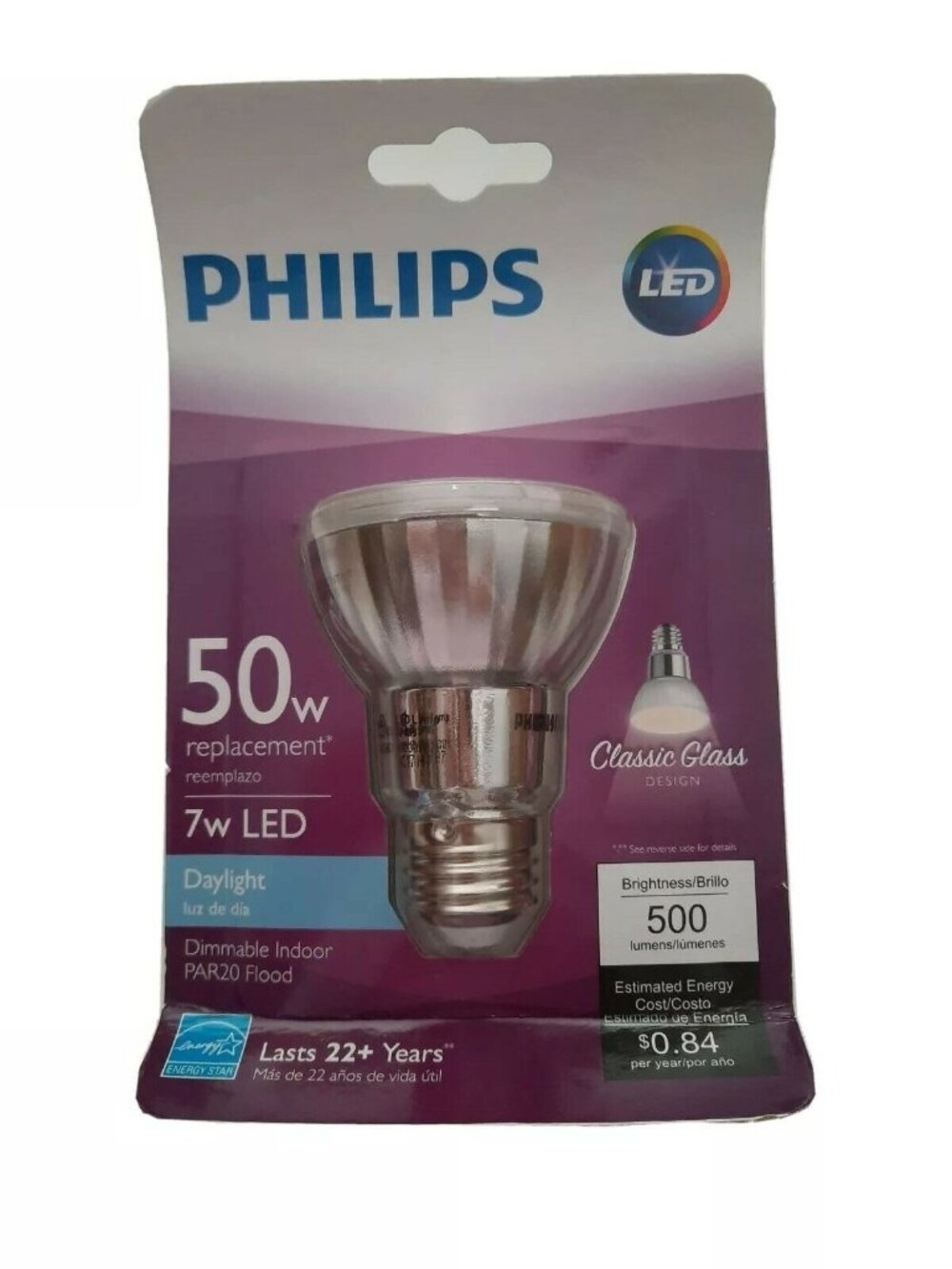 Philips LED PAR20 Flood Light Bulbs 50W Equivalent Dimmable Glass 4 Pack NIB